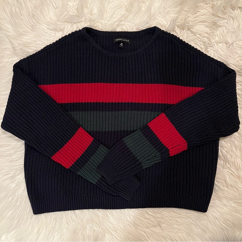 Navy Sweater with Red and Green Stripes